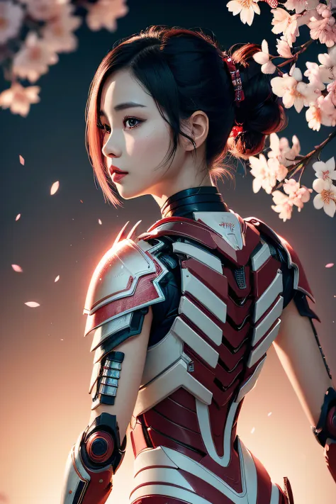 beautiful japanese young woman, wearing cyborg armor, thick symmetrical features, very short hair, background is cherry blossoms...