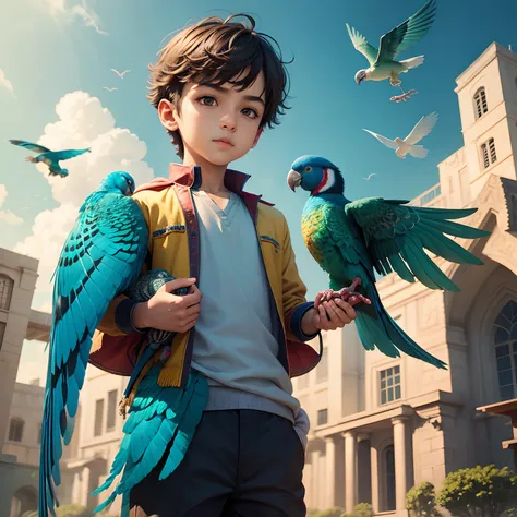 A boy flying with bird, parrots, peacocks, and other bords, brilliant collour, super details, rich colours