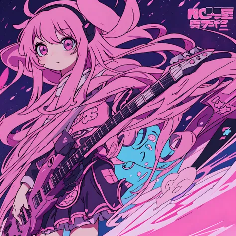 anime girl in pink costume playing black electric guitar。however, the child's face is not confident.。anime moe art style, anime ...