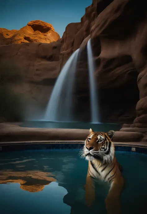 National Geographic style picture, Award winning,(best detailed: 1.5) picture of an epic tiger resting near an epic sized waterfall in the desert at night, an epic tiger, big leopard, resting an viewing an (epic sized waterfall: 1.3), water coming down fro...