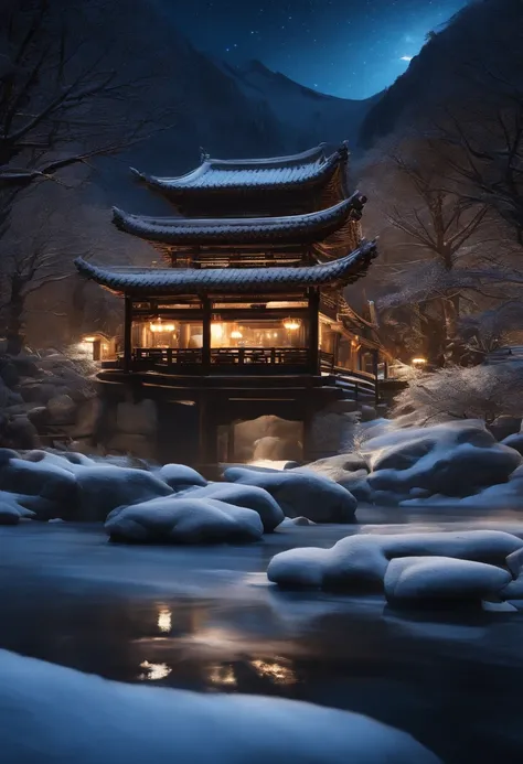 The bright moonlight shines through the clouds, 
fantasy Chinese village,night scene, winter, Snow, snow mountains ,dead branches,rime,small Ancient Bridge,waterfall, starry sky,galaxy,
very detailed , realistic details , light particle effect, excellent w...