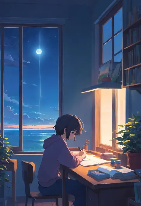 Wallpapers，tmasterpiece，best qualtiy，cinematic Film still from，Boy writing homework by window looking at the sky，A full moon，autumnal，beachside