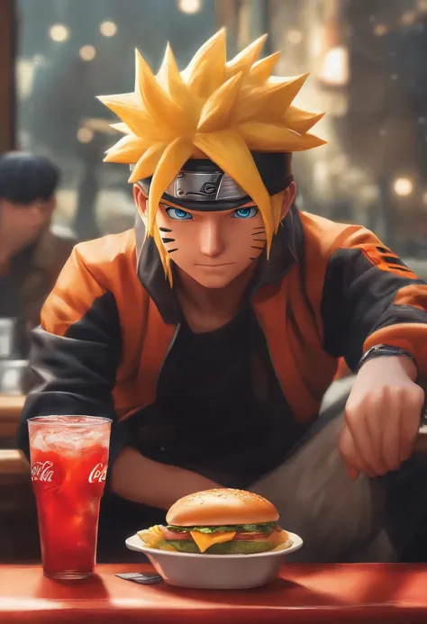 anime naruto sentado na mesa do mc donalds comendo um big mc e tomando uma coca cola. imagem ultra detalhada, ultra realista, detalhes expressivos do rosto que esta feliz. cores vibrantes e intensas