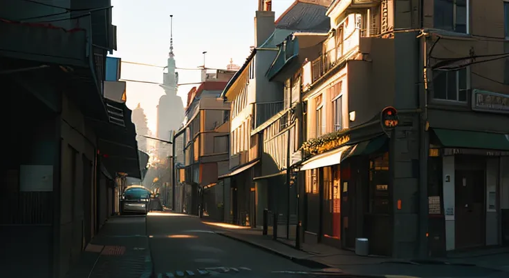 arafed view of a street with a car and a van on the side, by Jacob Toorenvliet, by Jan Tengnagel, golden hour sunlight, by Daniel Seghers, golden hour time, by Frederik Vermehren, photograph of the city street, shot at golden hour, city street at dusk, cit...