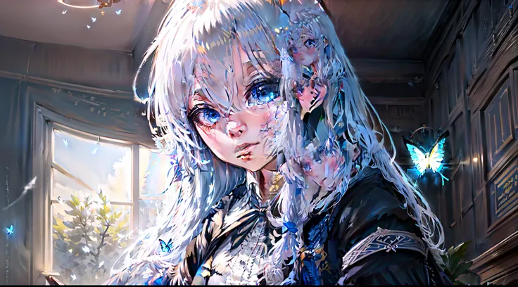 (down view),Dynamic Angle,Ultra-detailed, illustration, Close-up, straight on, 1girll, (fantasy:1.4), (azureblueeyes:1.233),Her eyes shone like dreamy stars,(Glowing eyes:1.233),(Beautiful and detailed eyes:1.1),(Silver hair:1.14),(Messy hair,Very long hai...