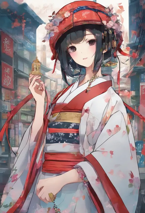 fullbody traditional japanese Geishas attire is a jarring juxtaposition of worlds. She wears loose-fitting, edgy streetwear that screams westside gang hip-hop swagger. A baggy hoodie adorned with graffiti-style, and her feet are encased in worn-out sneaker...