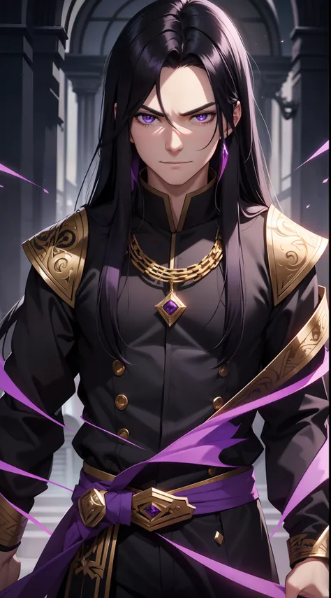 Grown-up guy, Long black hair, violet eyes, smirk, Fiadem, Purple Royal Ninja, Gold Elements, Masterpiece, hiquality, 4k, HD, Good detail