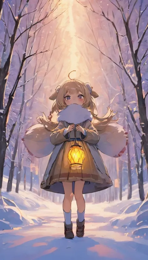 A little girl spends Christmas in winter，Japanese manga style，There is a Christmas tree next to you，Little girl wearing a cloak，Holding a small basket full of sweets，There is snow on the ground，And some maple leaves，And cute elk，The scene is warm，Japanese ...