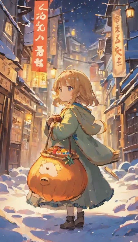 A little girl spends Christmas in winter，Japanese manga style，There is a Christmas tree next to you，Little girl wearing a cloak，Holding a small basket full of sweets，There is snow on the ground，And some maple leaves，And cute elk，The scene is warm，Japanese ...