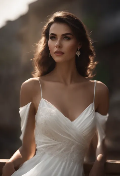 ((Realistic lighting, Best quality, 8K, Masterpiece: 1.3)), Clear focus: 1.2, 1girl, Perfect body beauty: 1.4, Slim abs: 1.1, ((dark brown hair)), (White dress: 1.4), upper body, Portrait, Close-up, Front view, Exterior, Super Fine Face