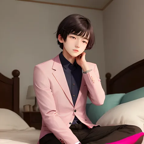 One boy, cute face，dark brown bob cut，pale pink eyes，blazer，whimpering，sitting on the bed，upward glance，high quality