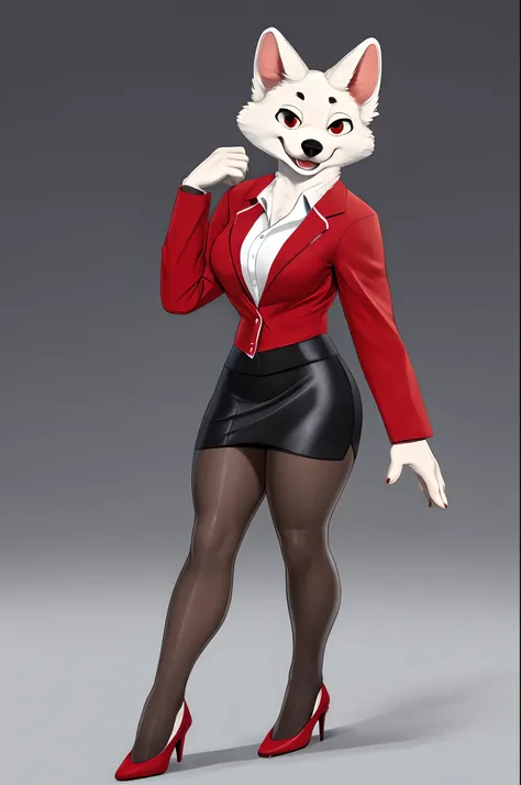 masterpiece, best quality, highres, 1female, solo,white dog female, solid background, female announcer, (red suit jacket, tight skirt, dark grey pantyhose, pumps,)