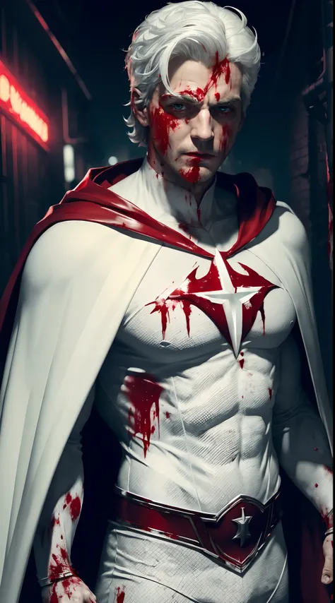 ((masterpiece)), ((8k resolution)), a man, medium white hair, white superhero costume with red cape, ((((filled with blood)))), creepy, in dark cyber city alley, lazer from eyes