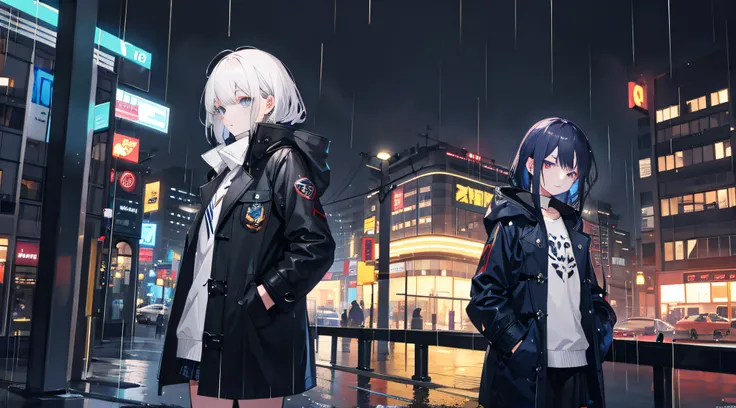 1girl, Night City, rain, coat, hands in pockets