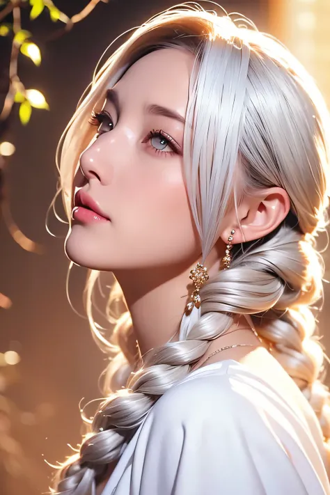 Best Quality, masutepiece,White hair, Gold eyes,White clothes, Looking Up, Upper body,Strands of hair,Fair skin,side braids