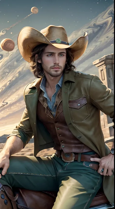 (masterpiece,8k resolution),a boy  ,handsome, green eyes, ((medium brown hair)),((cowboy clothes)), stylish hat,(( on a jupiter)), falling from sky