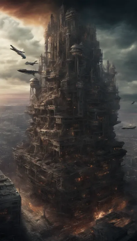 (sci fi art:1.5), Sci-fi post-apocalyptic world, (flying city:1.7), A white flying castle is located above, (The huge mechanism spews smoke:1.3), Panoramic view, Clouds of smoke, dark cloude, (Masterpiece), (Vivid colors:1.6)