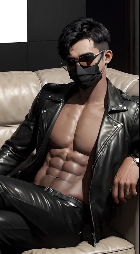 (masterpiece,8k resolution),a boy  ,handsome, ((black face mask)), ((black square sun glasses)), black leather jacket, ((short black hair)) , in a strip club, sitting on sofa with leg on each other