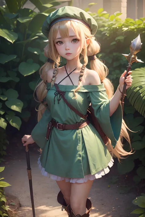 (1girl in),,( absurdly , High quality , ultra-detailliert ),(Summer in the morning),(masutepiece),(In front of the dungeon),(Long-haired blonde twintails),（(Blue Long Sister　robe)）,Cleric Hat,(Cute 3D anime petite girl rendering),Super Detailed Beautiful G...