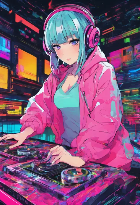 (hip hop scene) a very hip hop confidant badass arrogant cocky boss bitch attitude girl dj djing at a trippy neon trance UV lit rave 民家, みんか