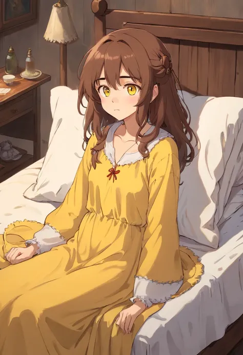 1girl, brown hair, slightly realistic, yellow eyes, sitting in bed, bedsheets, nightgown, sad, medieval, messy hair, tired, {{ASCII art}}