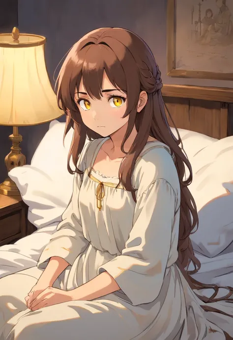 1girl, brown hair, slightly realistic, yellow eyes, sitting in bed, bedsheets, nightgown, sad, medieval, messy hair, tired, {{ASCII art}}