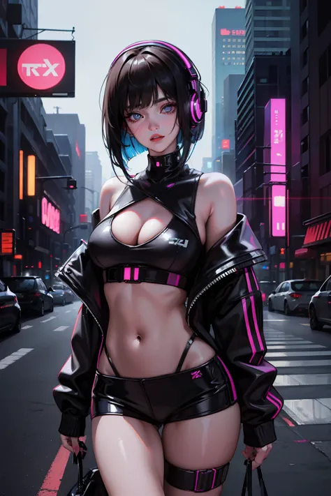 Megapolis, Cyberpunk, Light bar, Single girl with headphones , neon light,Big Bob,Bare skin bob, cleanness, 4K, hard disk, Full definition, Sexy, Sensual milf, Full details of lips, Cover your eyes with your hands, I aint sorry, Shamefully