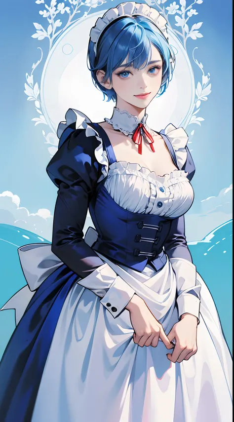 (Best Quality,4K,High resolution),Blue Maid Clothes，long-sleeve，Colossal tits，White and blue color scheme，Long skirt with ruffles，maid apronl，Red ribbon with a bell at the collar.，Collar decoration，Delicately drawn illustrations，Vivid color scheme，colourfu...