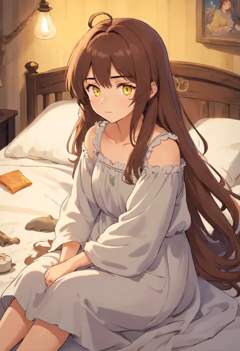 1girl, brown hair, slightly realistic, yellow eyes, sitting in bed, bedsheets, nightgown, sad, medieval, messy hair, tired, {{ASCII art}}