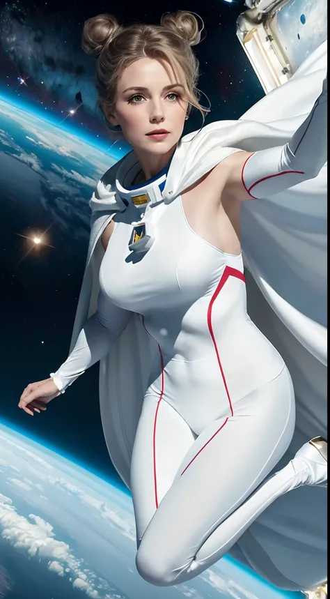 (best quality,8k resolution),(masterpiece:1.2),a 50 year old woman,flying in space, low bun hairstyle  white ,white superhero costume with cape,  sexy