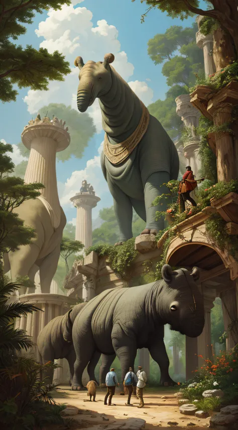 Show a scene of Greek explorers interacting with a Deinotherium giganteum, emphasizing the one-eye feature.