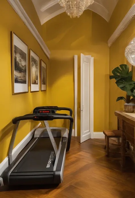 Large retro space，ellegance，Yellow wall，European style wainscoting，wooden floor，The lighting is charming，Fitness equipment，Multiple treadmills