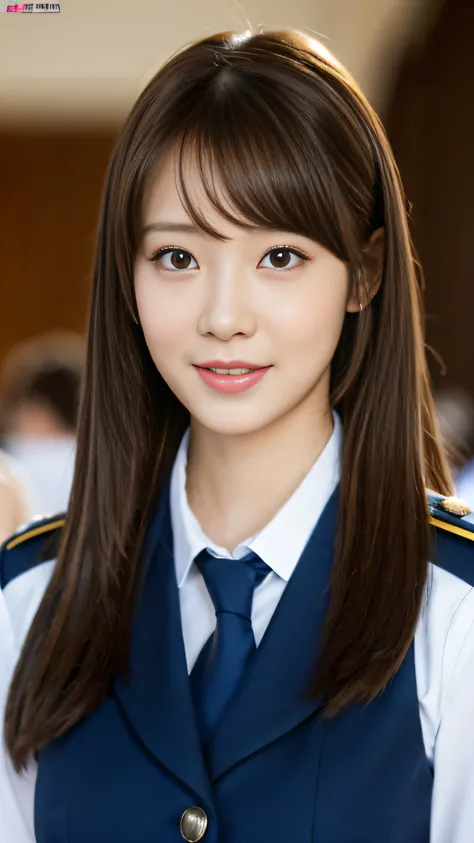 （Lifelike， hight resolution：1.3）， 1 girl with a perfect body， super fine face and eyes，length hair， Big boob，uniform , smile