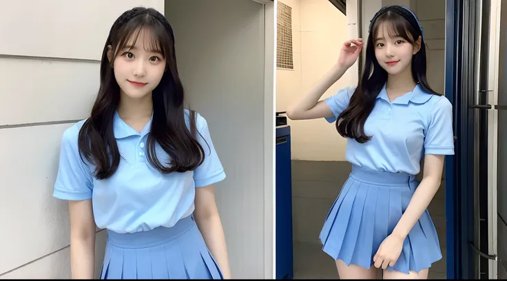 18-year-old high school girl wearing light blue miniskirt