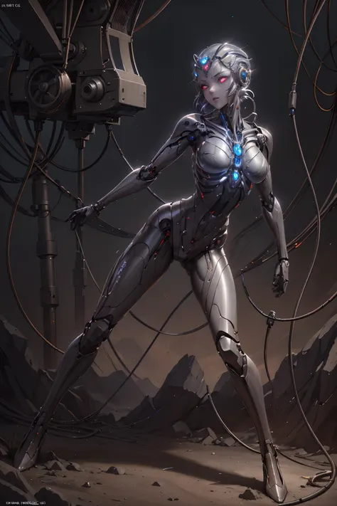 (((masterpiece))), ((best quality)), ((ultra-detailed)), (CG illustration), (an extremely devious and beautiful)), cinematic light, ((1 mechanical woman)), single, full, (machine-made joints: 1.4), ((mechanical limb)), ( blood vessels attached to the tube)...