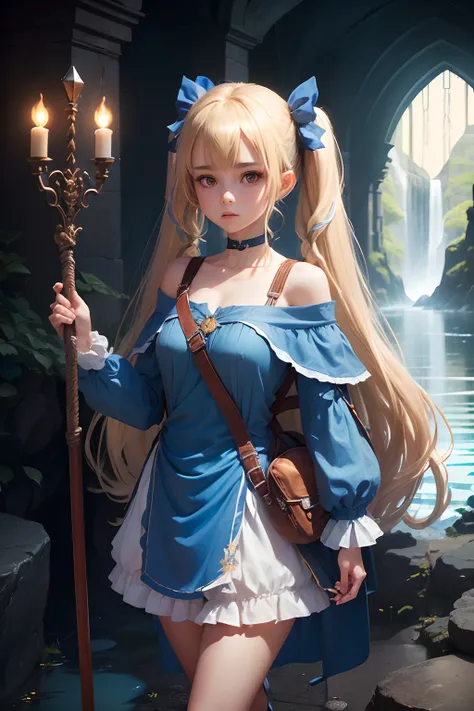 (1girl in),,( absurdly , High quality , ultra-detailliert ),,(masutepiece),(underground lake),（Twilight、Lit up）,(Long-haired blonde twintails),（(Blue Sister Dress)）,The priest has,(Cute 3D anime petite girl rendering),Super Detailed Beautiful Girl,(Peppy p...