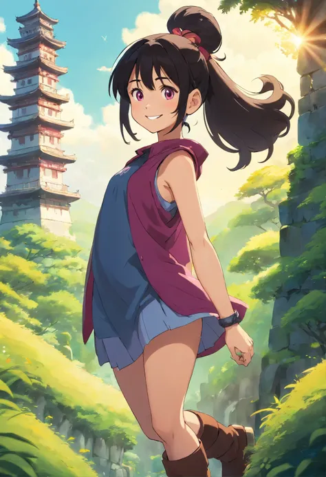 1girl, tan, happy, smile, confident, looking at viewer, upper body focus, tunic, tank top, leggings, boots, magenta eyes, black hair, big ponytail, nature, tower, blurry blackground, sunny