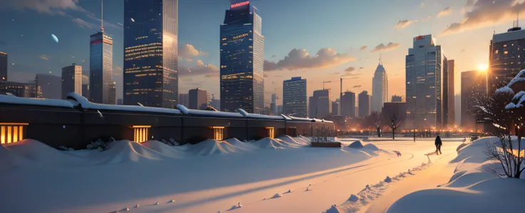 Scenery, Skyscrapers , Garden , floating Snow , Winter , Wind , Cloud , sky , evening , Sun , Breeze , author: Shinkai sincerely