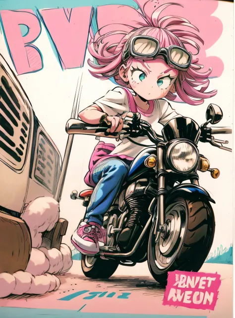 (Comic style illustration:1.2),(PastelColors), (Lora Add Details:1.2),(Lola:Bad image:1.0),(Flat color),Solo_girl,(Lola:Tambo Fline Tweaker:1.0)、motor bikes、helmets、goggles、globe