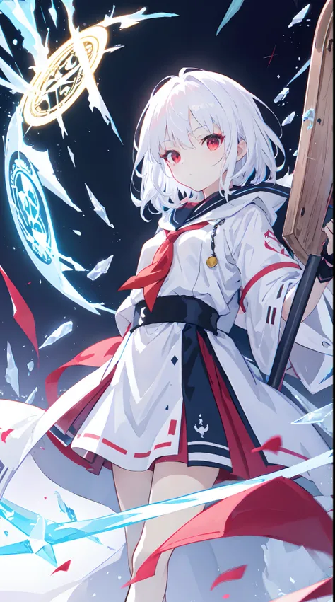 anime girl with white hair and red eyes holding a shield, blue magic circle, ice magic, best anime 4k konachan wallpaper, white haired deity, zerochan art, anime art wallpaper 8 k, anime style 4 k, ufotable art style, detailed anime art, anime art wallpape...