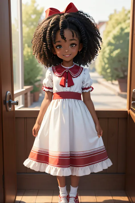 Drawing for children Black girl called elis with curly hair size with medium braid wearing red ribbon lace at the ends and white blouse with long red skirt white sneakers and big smile