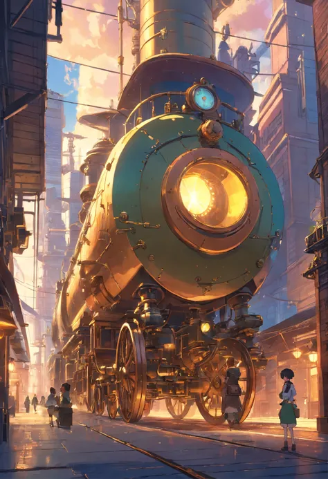 Street view of a mesmerizing hybrid world that blends the elements of steampunk and steelpunk  aesthetics. The scene unveils a captivating realm where futuristic technology and Victorian-era machinery coexist in perfect harmony. The landscape is adorned wi...