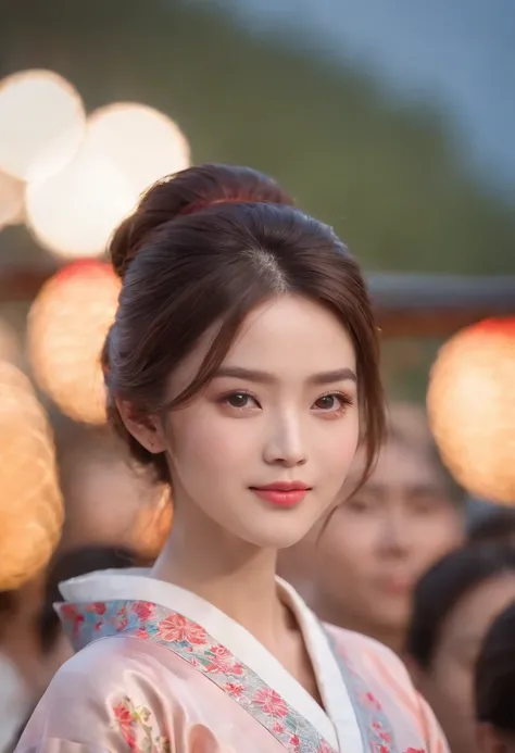 (((top quality, 8k, masterpiece))), crisp focus, (beautiful woman with perfect figure), slender, (hairstyle: up)), ((kimono: Kara)), street: 1.2 Highly detailed face and skin texture Detailed eyes Double eyelids random posture, (smile),super cute Japan per...