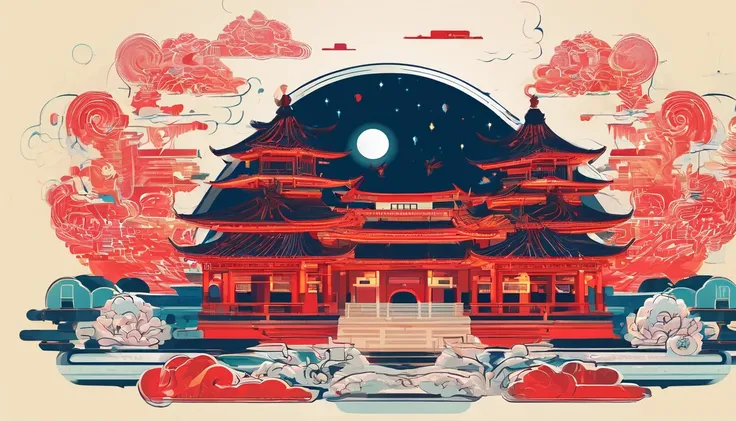 Mid-Autumn Festival，Moon cake， Auspicious clouds, Red lanterns, Exquisite ancient Chinese architecture, In the background is a huge moon, With vector line illustration, amarelo、Red and dark blue tones, Abstract picture, surrealism, Clear background trends,...