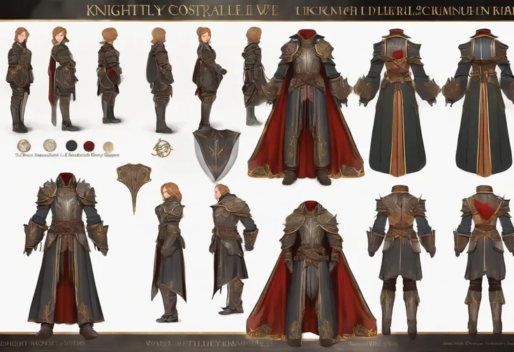 Knightly style，Costume design sheet, front and back view, Detail layout with multiple sections, colour art, Colorful, 2D, sticker art, Anime Academy, Highly detailed