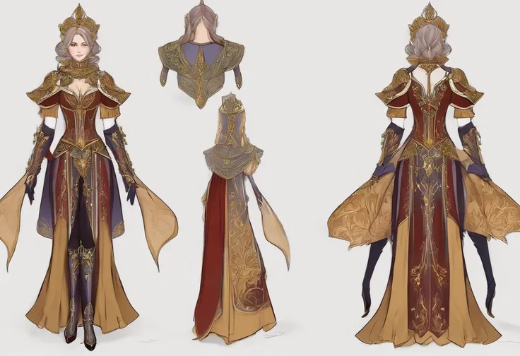 Knightly style，Costume design sheet, front and back view, Detail layout with multiple sections, colour art, Colorful, 2D, sticker art, Anime Academy, Highly detailed