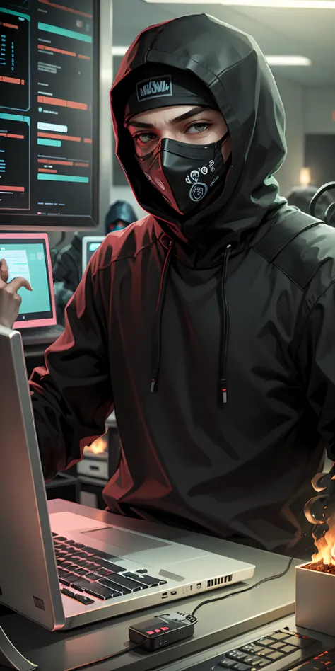 hacker face with a mask on his face dressed in black in the frenzy of the compudador and behind him a lighting of fire --auto --s2