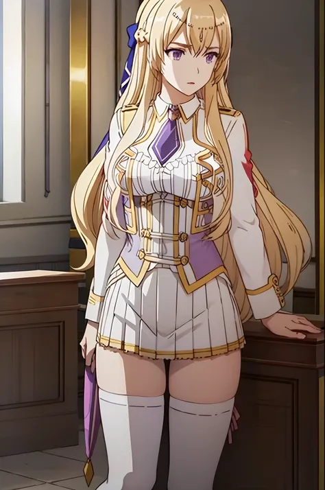 blonde,purple eyes,necktie white skirt uniform white thighhighs