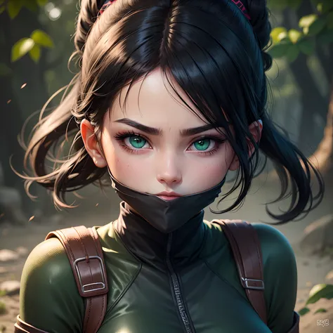 Ninja girl portrait, beatiful green eyes, ultra detailed eyes, blush, black hair, face black mask, 8k, masterpiece