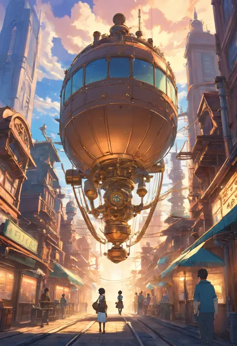 Street view of a mesmerizing hybrid world that blends the elements of steampunk and steelpunk aesthetics. The scene unveils a captivating realm where futuristic technology and Victorian-era machinery coexist in perfect harmony. The landscape is adorned wit...